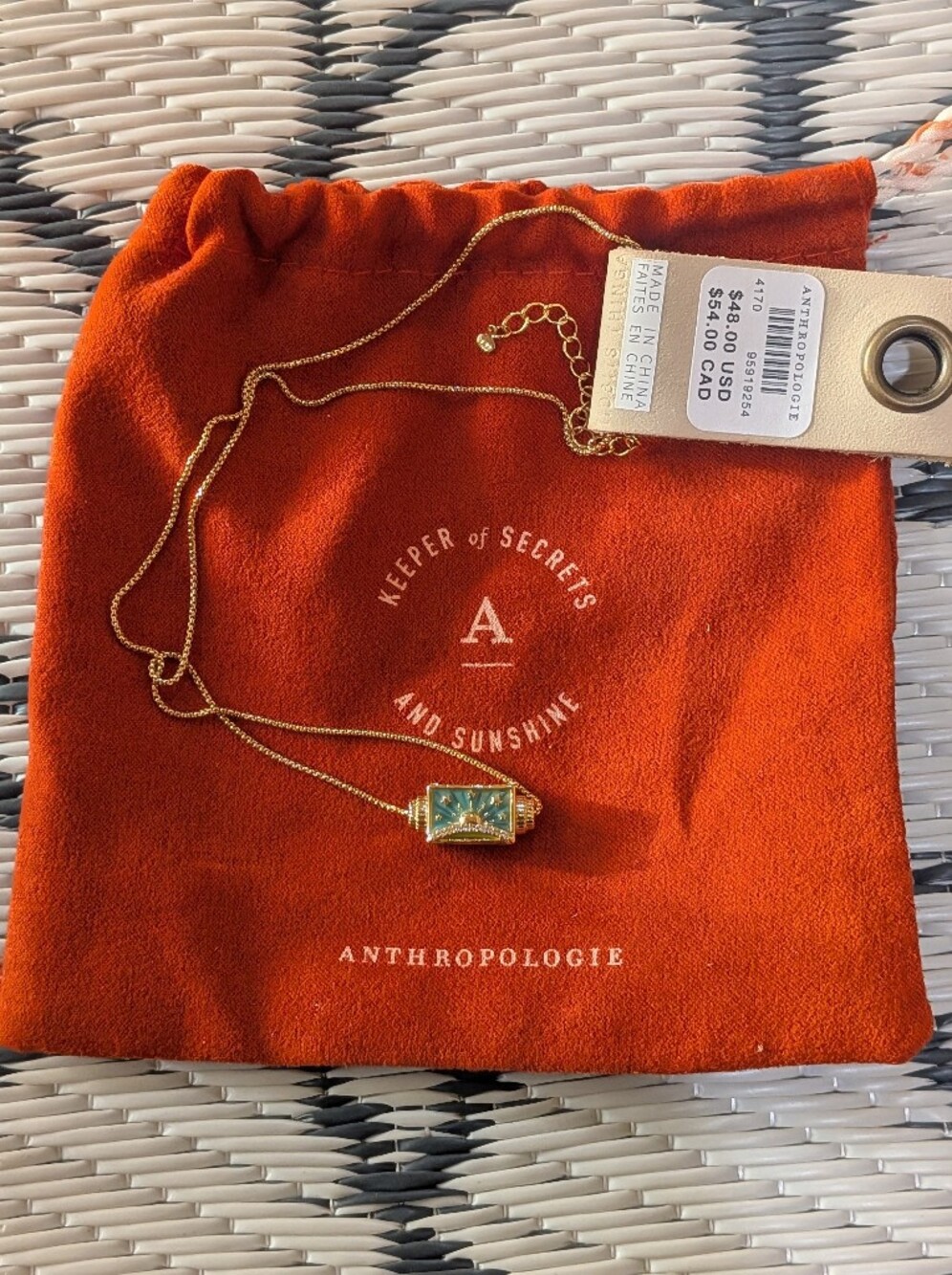 Anthropologie Rise & Shine Spinner Pendant Necklace - Gold/Teal Enamel Sun_NWT
